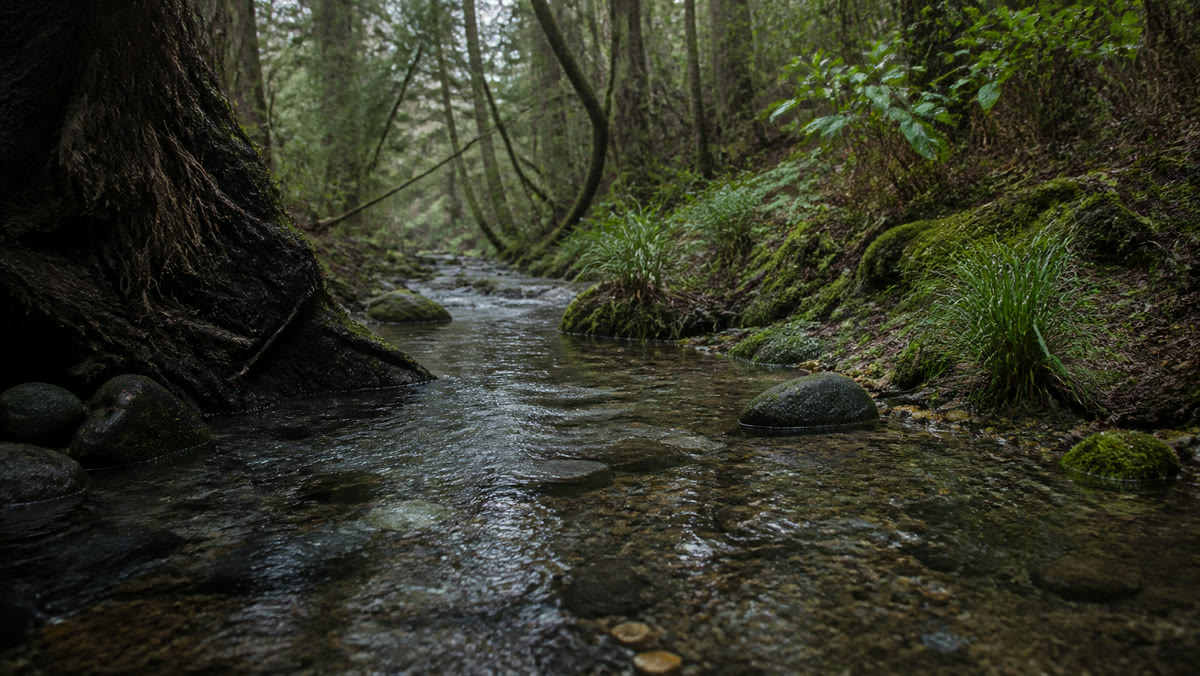 A visual interpretation of a shaded restored coastal creek, with clear water moving over dark stones, moss, and living roots.