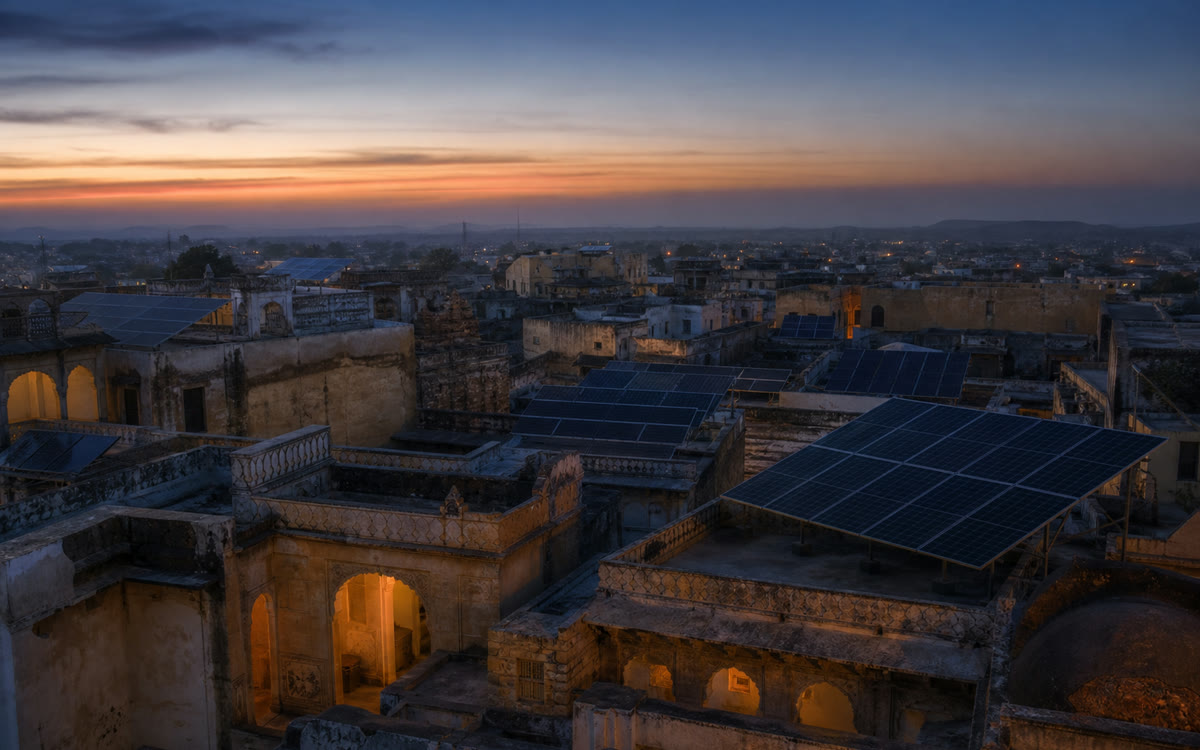 A visual interpretation of rooftop solar panels catching the last blue-gold light above an Indian neighborhood.